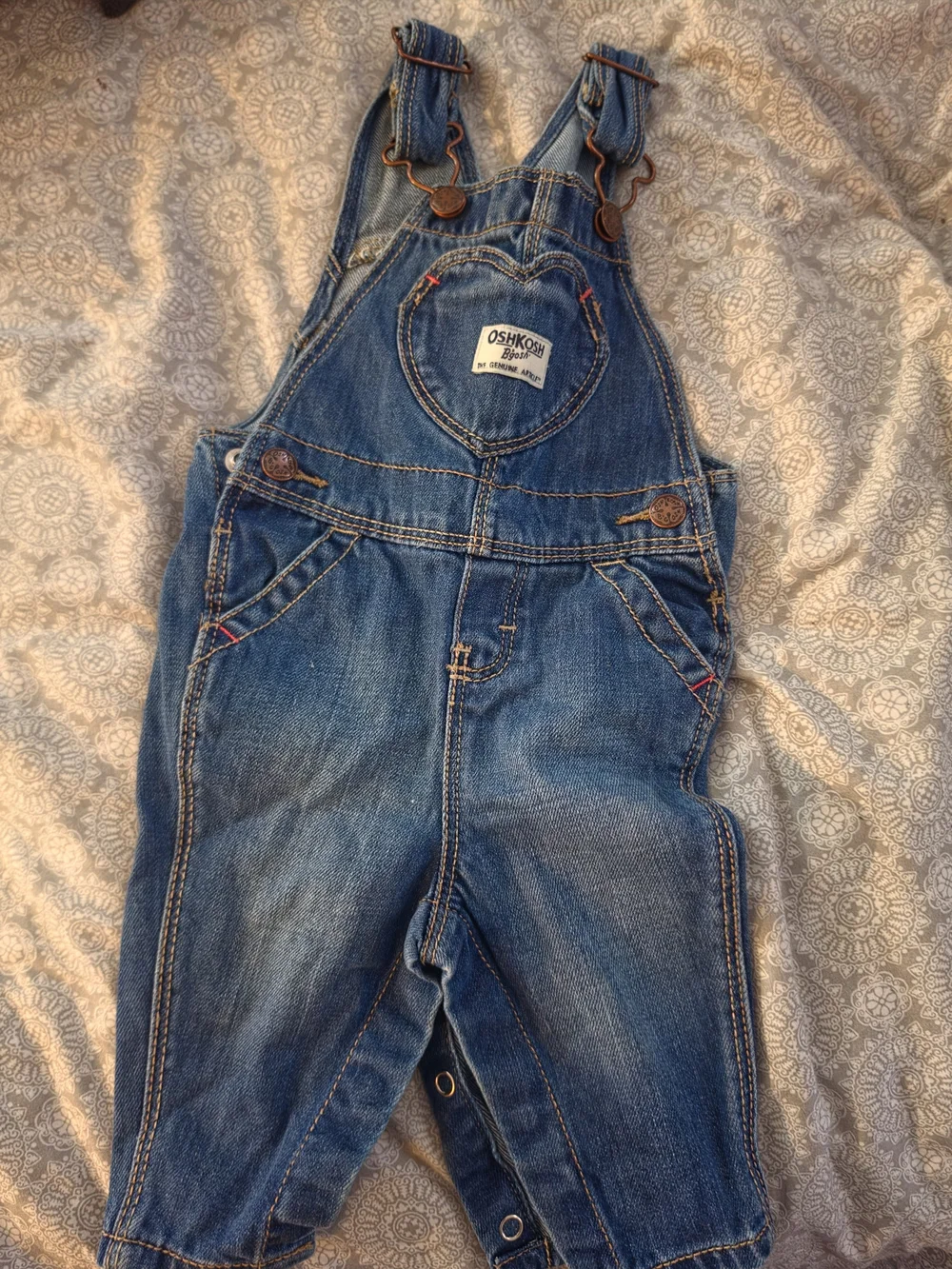 OshKosh B'gosh Distressed Blue Denim Heart-Front Overalls